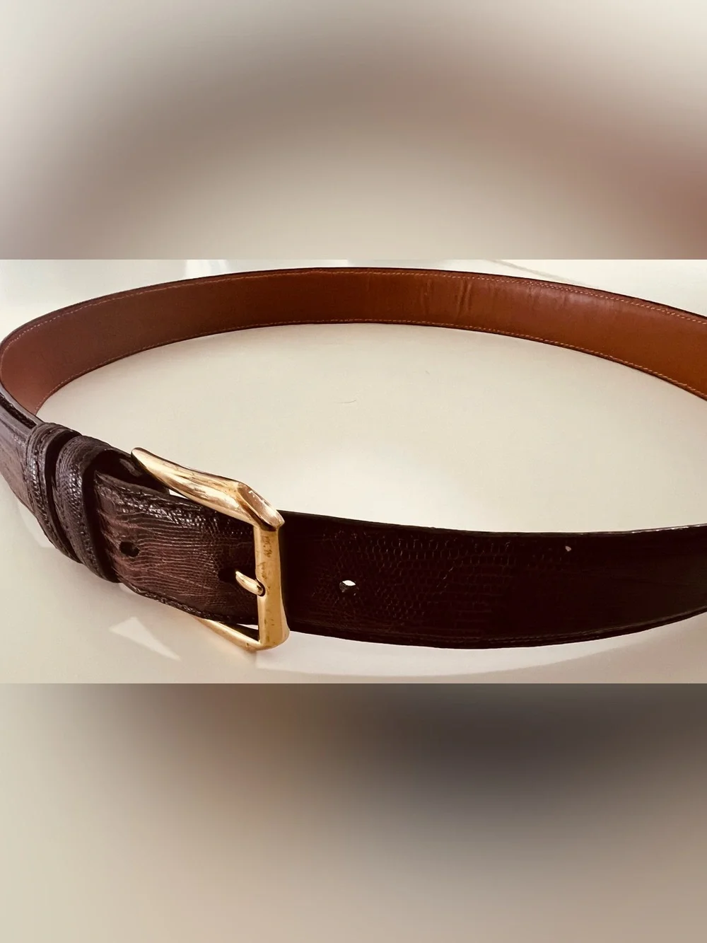 Allen Edmonds Exotic Teju Lizard Men’s Belt, Size 36, Brown, Gold Brass Buckle